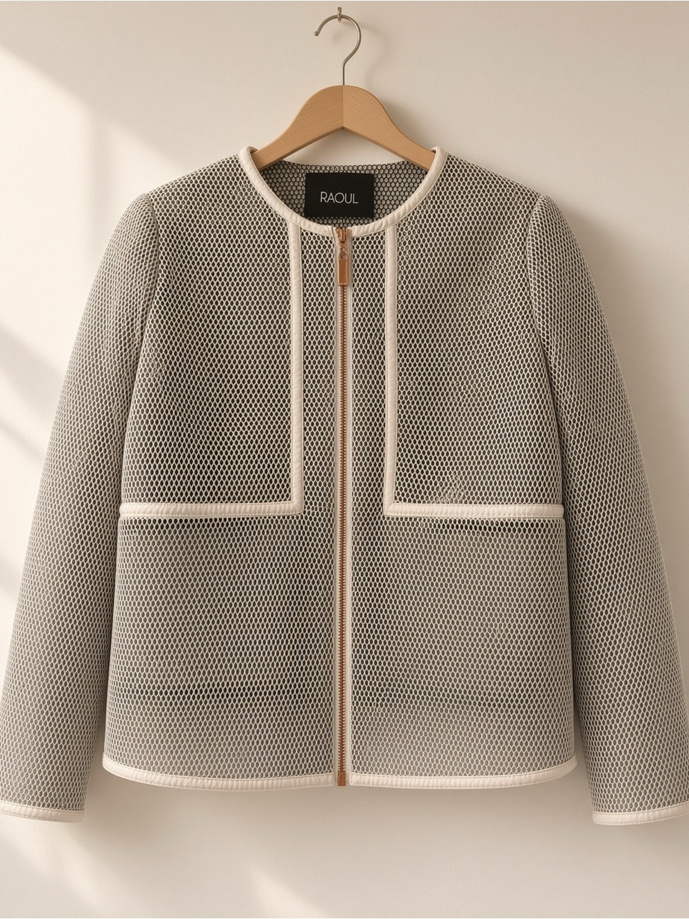 Raoul Neutral Ivory Mesh Rose Gold Zip Jacket with Cream Trimming Luxury Edgy